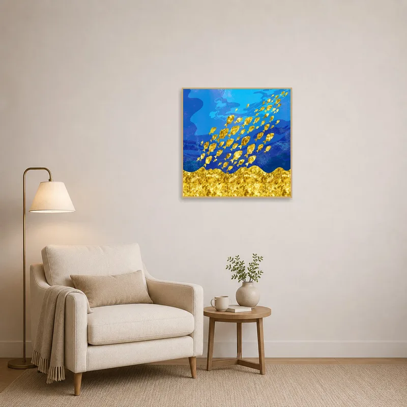 Soothing blue ocean print with golden fish adorning a cozy reading corner.
