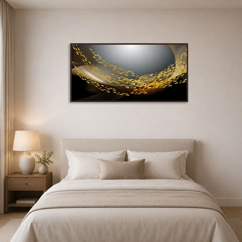 Abstract fish painting above a bed in a serene bedroom setting.