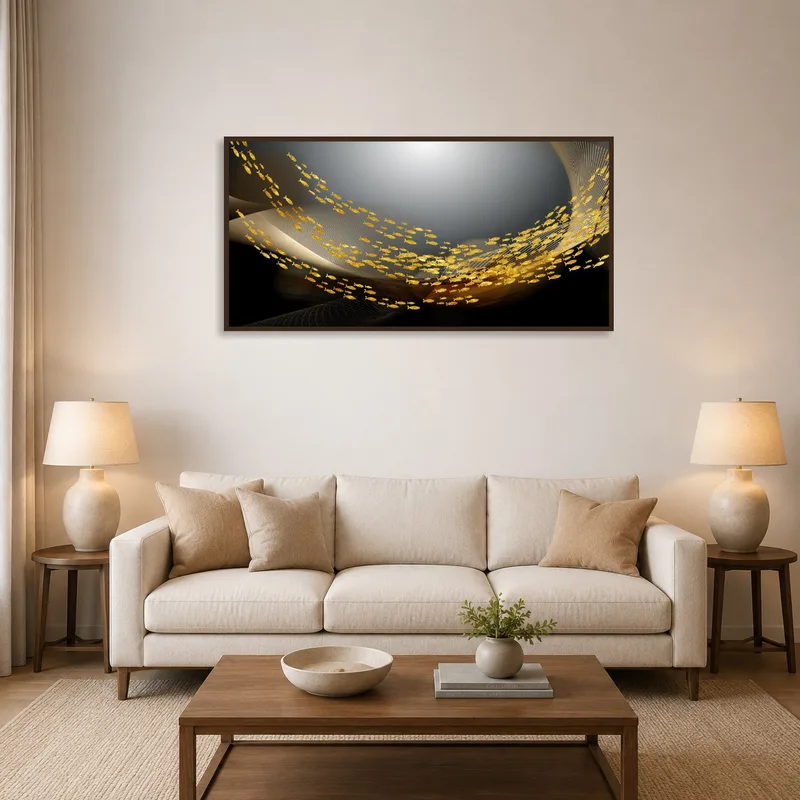 Painting of golden fish in streams on the living room wall above a modern sofa.