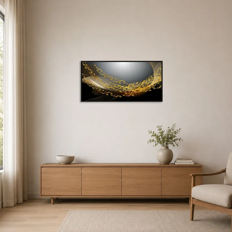 Golden fish artwork in a minimalist room with a simple white wall.