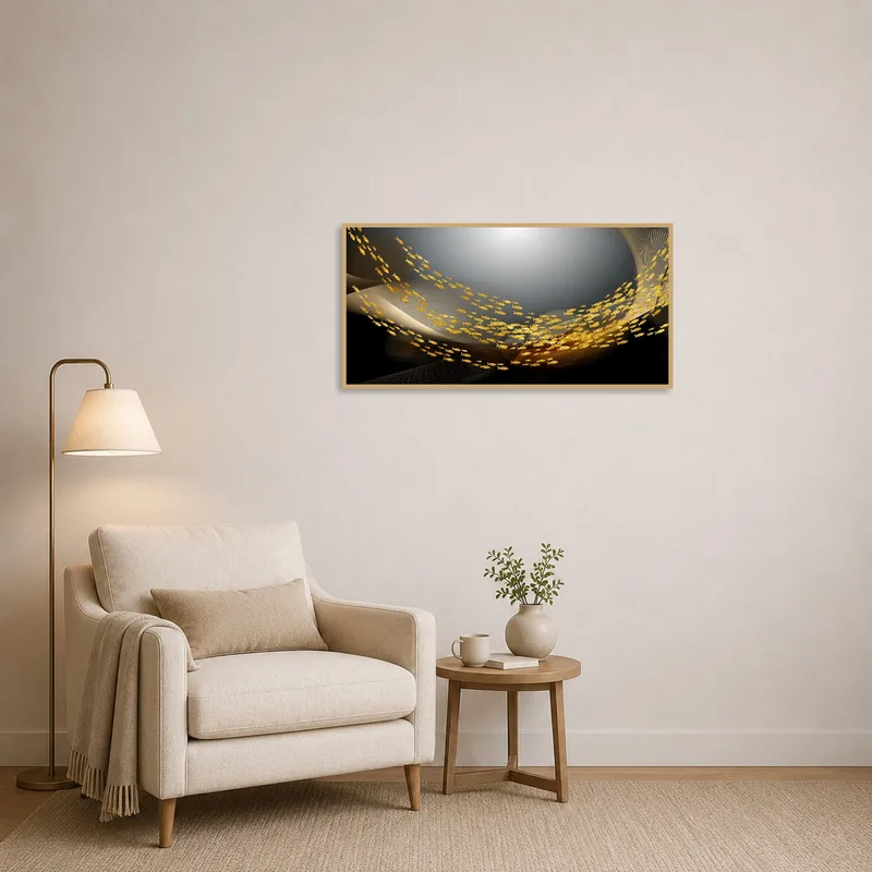 Artwork of golden fish adding flair to a cozy reading corner.