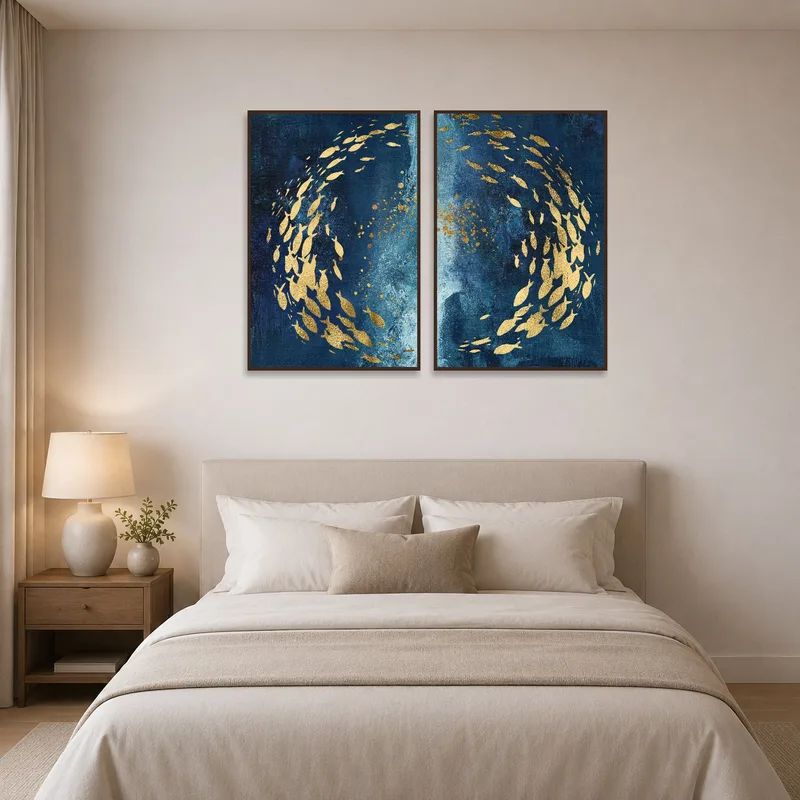 Golden fish art set creates a serene vibe in a bedroom above the bed.