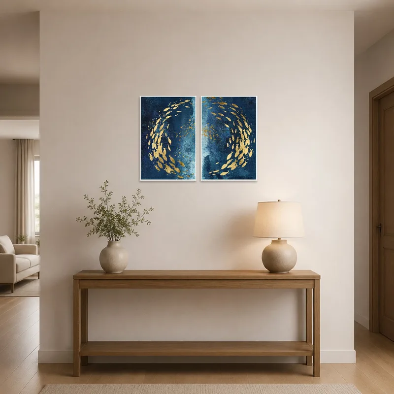 Entrance hall adorned with golden fish art, a striking first impression.