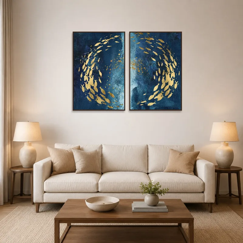 Golden fish art set adds elegance to living room above a cozy sofa.