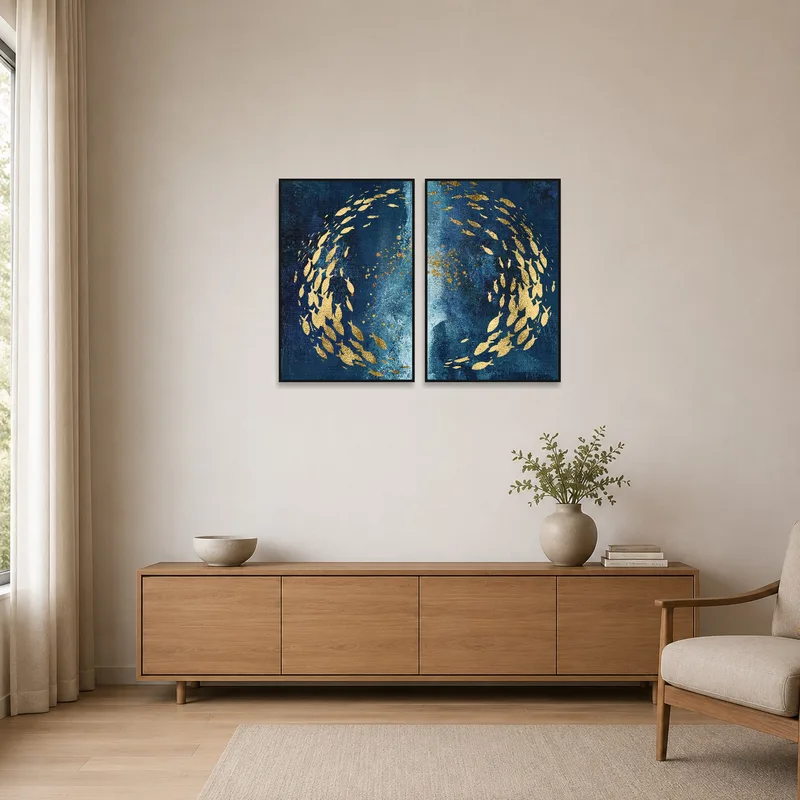 Minimalist room with golden fish art on a deep blue backdrop.