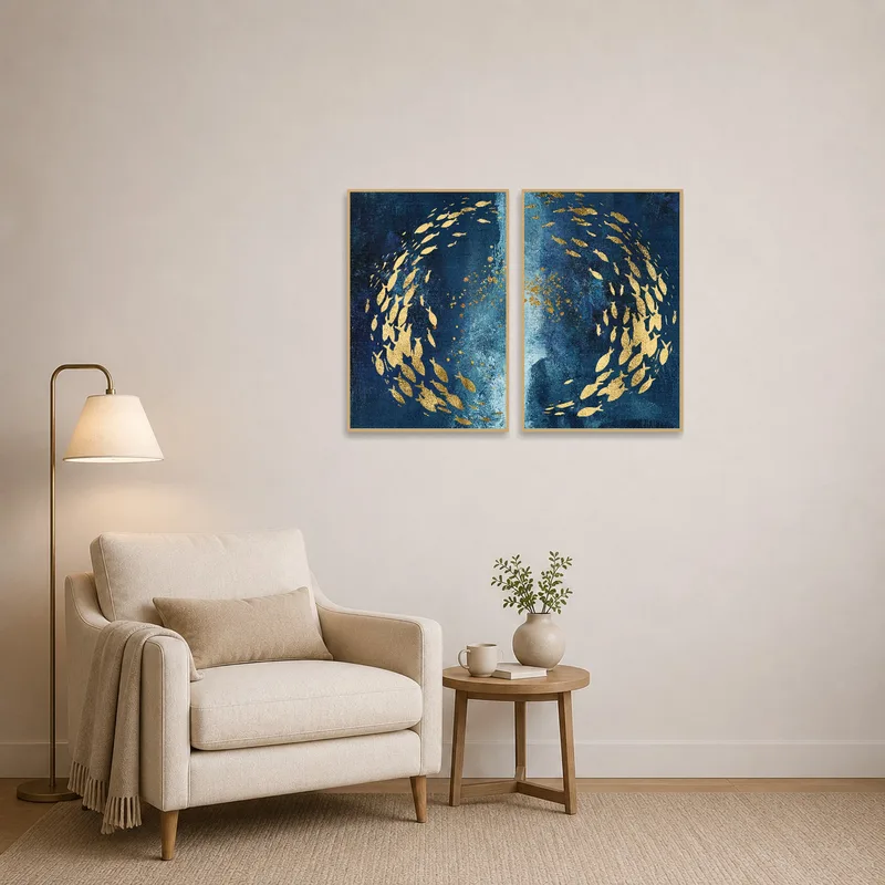Reading corner features golden fish set, complementing a comfy chair.