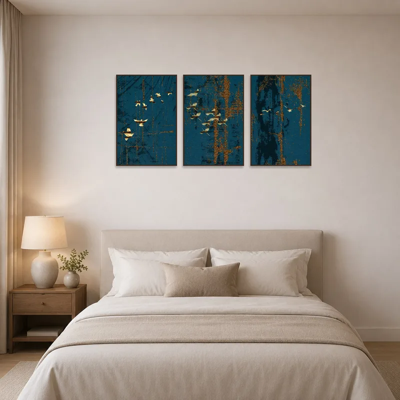 Sophisticated abstract triptych with golden hues over deep blue, enhancing a serene bedroom setting.
