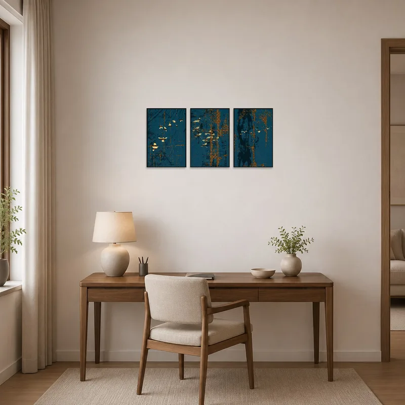 Professional touch with a golden abstract triptych on deep blue in a chic home office space.