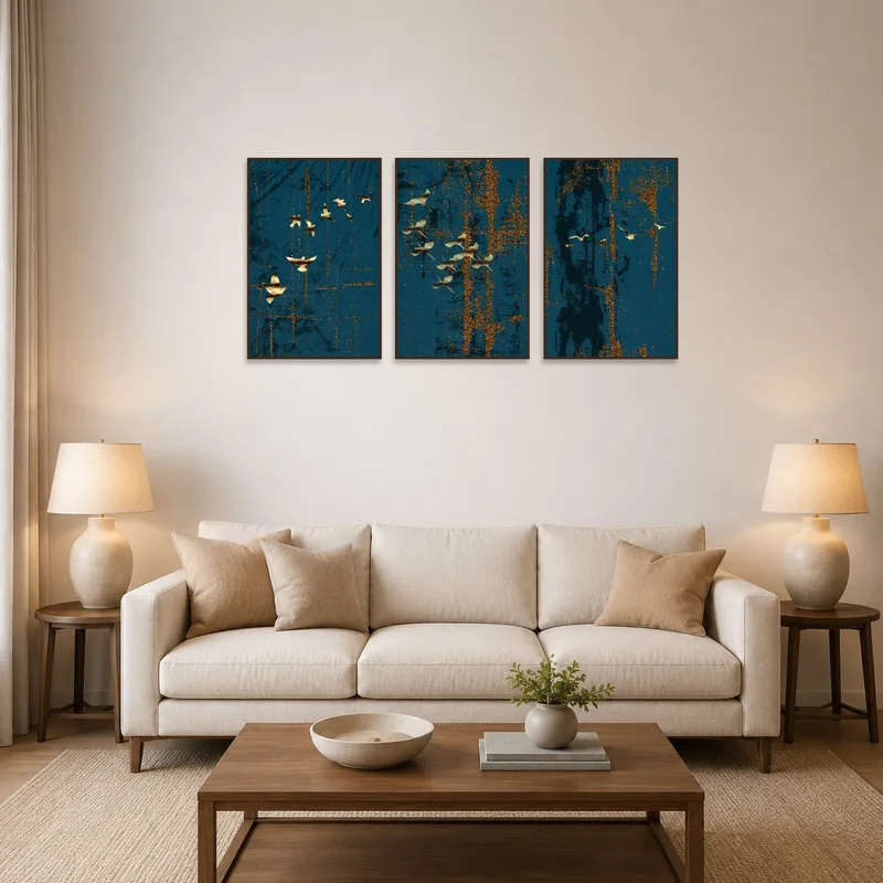 Abstract triptych artwork with golden accents displayed on a deep blue wall in a modern living room.