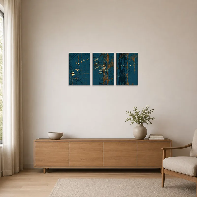 Stylish golden abstract triptych on a deep blue backdrop, complementing a minimalist setting.