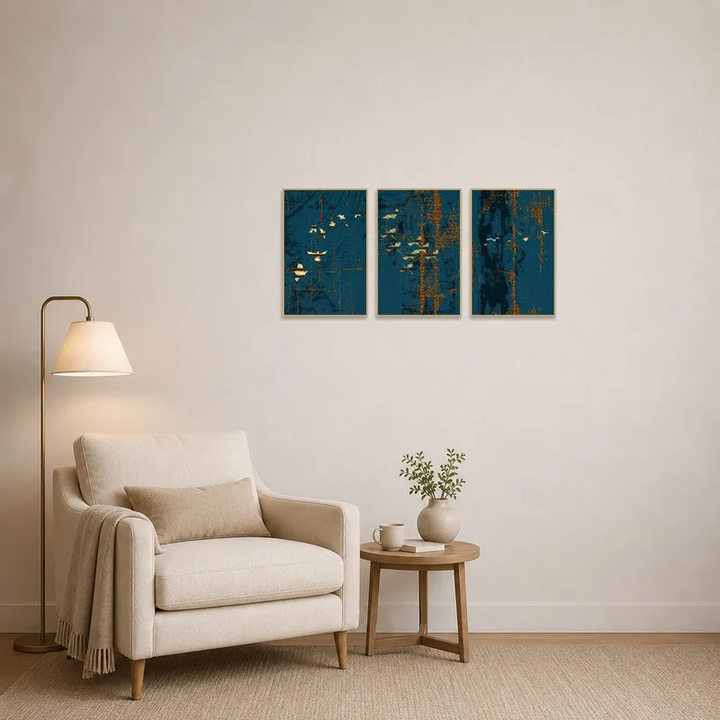 Golden abstract triptych set against deep blue, adding flair to a cozy reading corner.