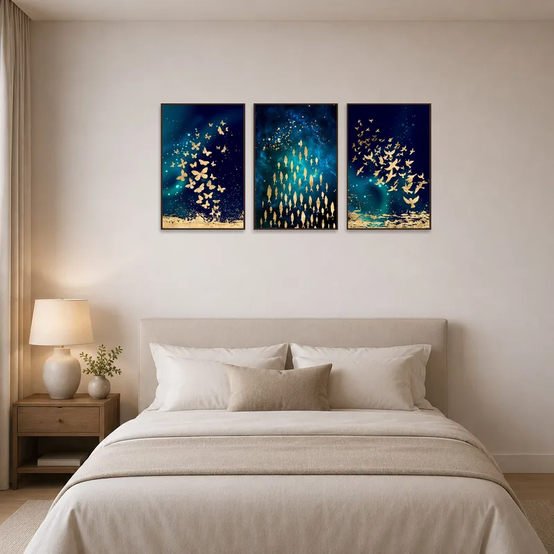 Dreamy bedroom wall featured with triptych art of butterfly, fish, bird in golden hues.