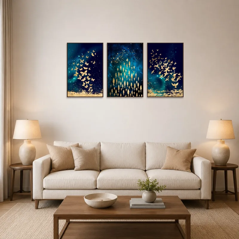 Triptych of butterfly, fish, bird with gold accents adorning a modern living room wall.