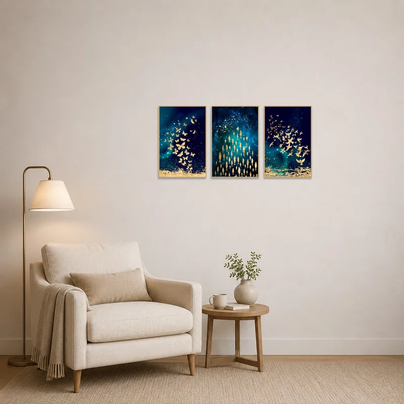 Serene reading corner with a triptych of butterfly, fish, bird enhanced by gold tones.