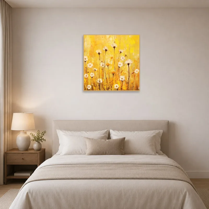Golden Floral Burst Abstract Print brings vibrant energy to a bedroom wall.