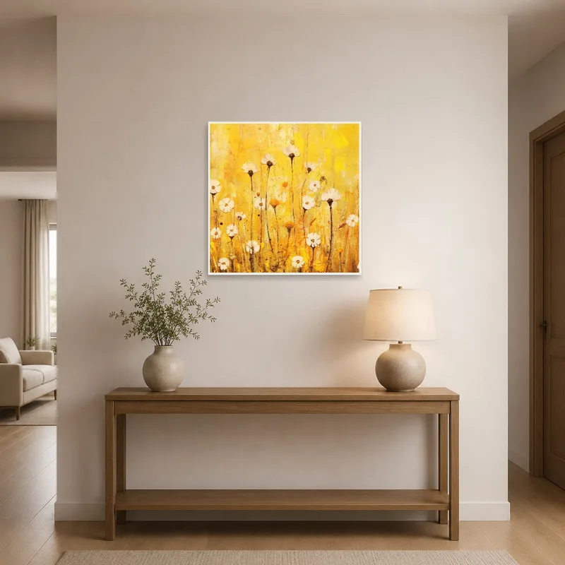 Golden Floral Burst Abstract Print enhances the style of an entrance hall area.