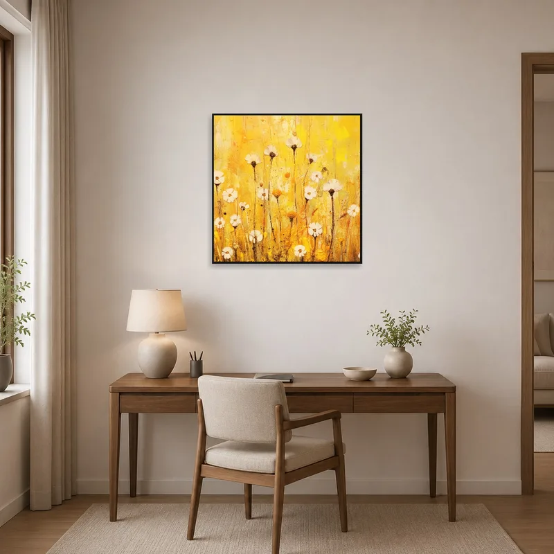 Golden Floral Burst Abstract Print inspires creativity in a home office environment.