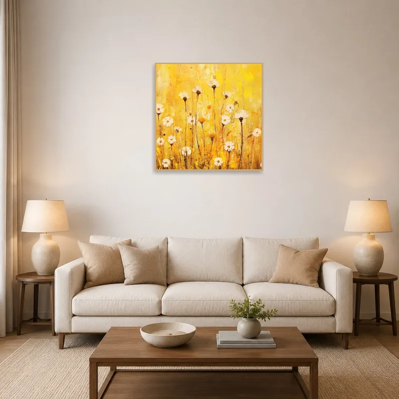 Golden Floral Burst Abstract Print on a living room wall adds elegance to the space.