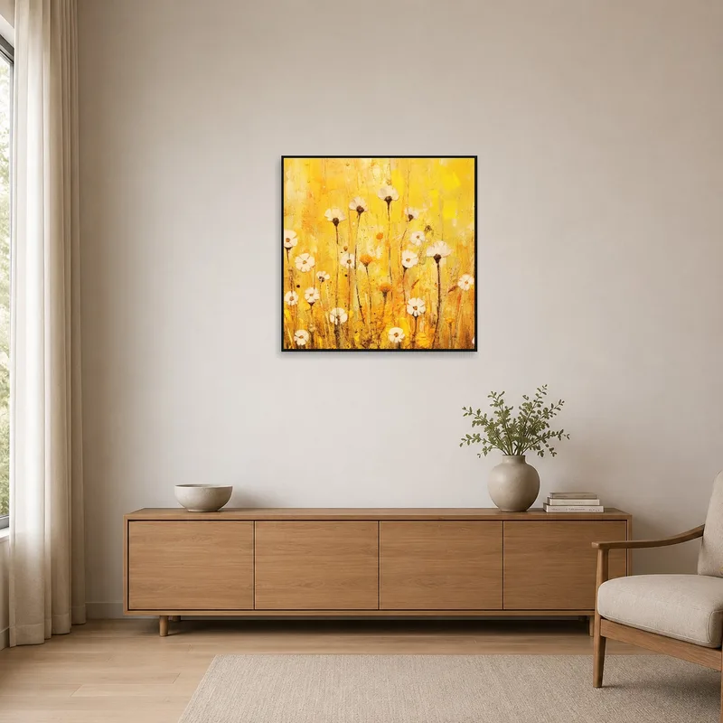 Golden Floral Burst Abstract Print is a striking focal point in a minimalist setting.