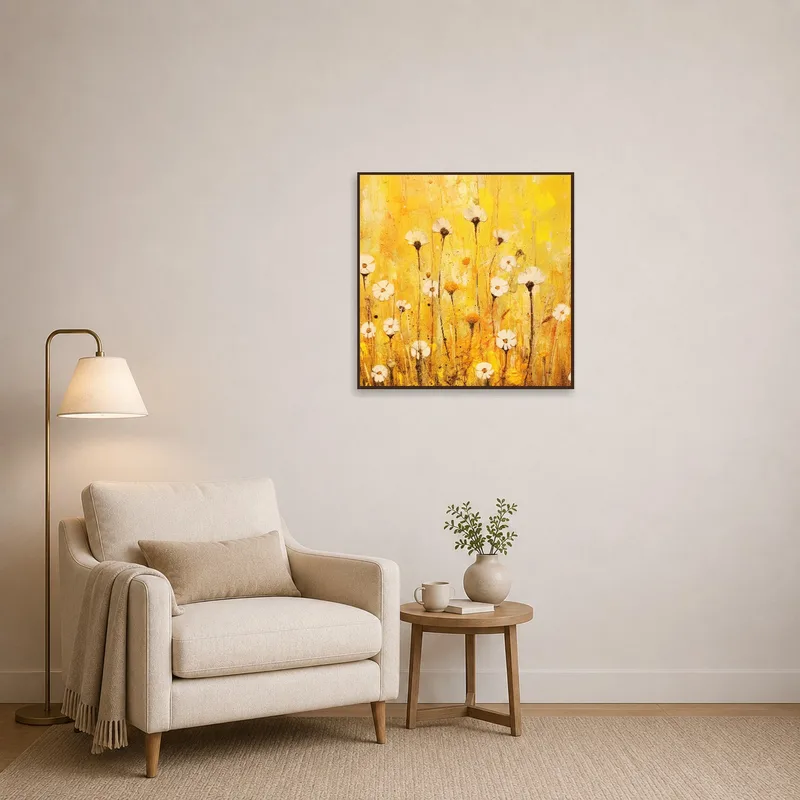 Golden Floral Burst Abstract Print creates a warm ambiance in a reading corner.
