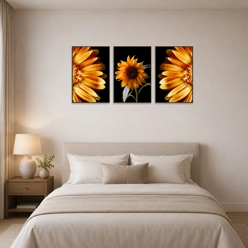 Golden floral artwork bringing warmth and elegance above a cozy bedroom bed.