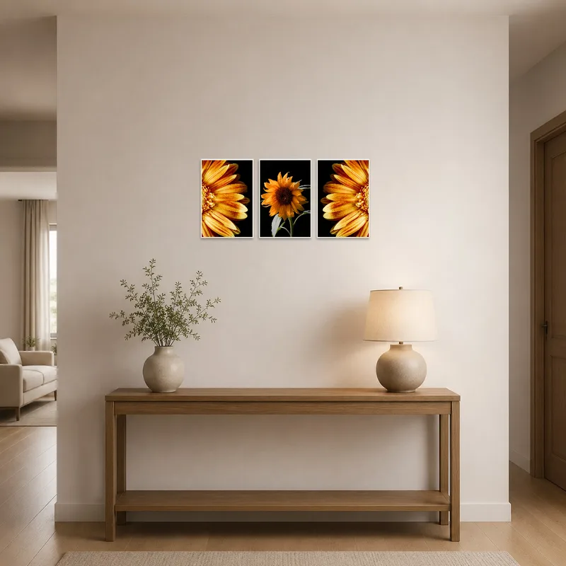 Sophisticated golden floral artwork greeting guests in an elegant entrance hall.