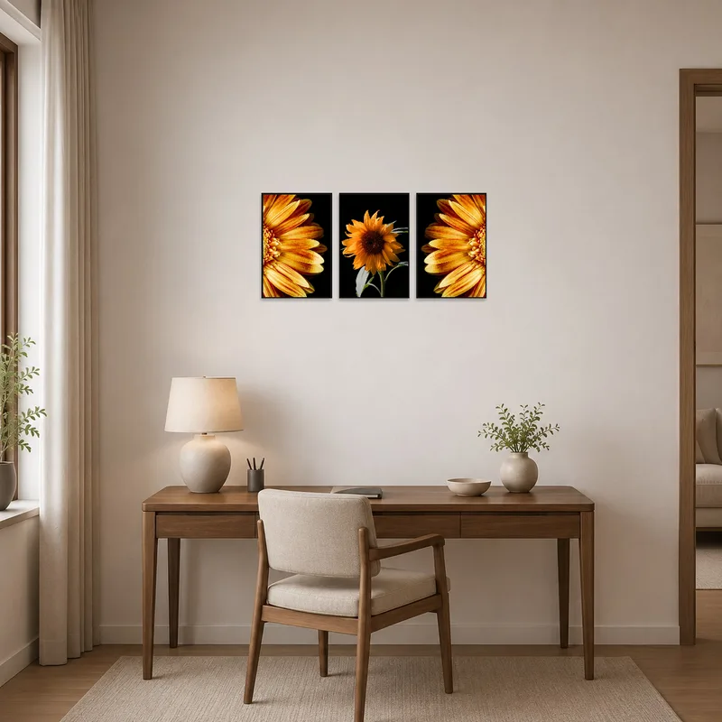 Golden floral elegance triptych inspiring creativity in a stylish home office.