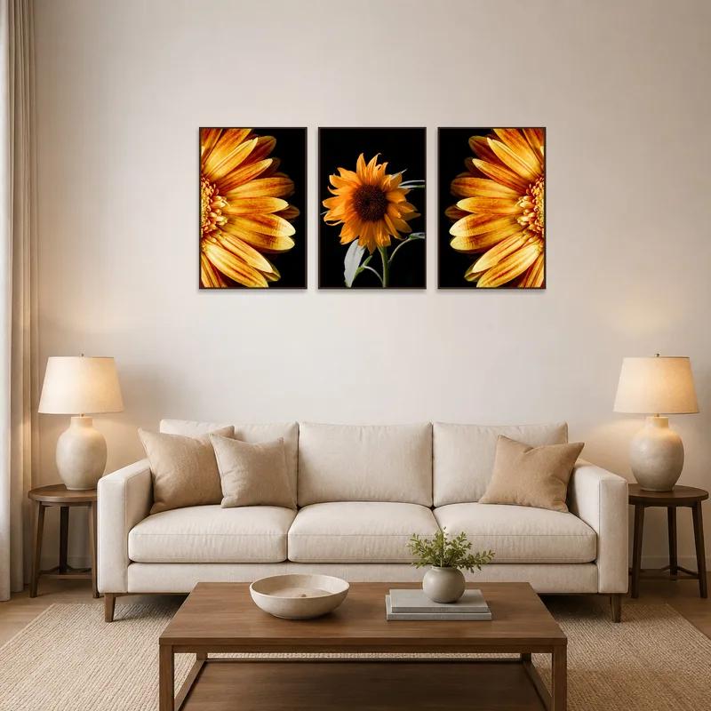 A triptych of golden floral artwork adding elegance above a modern living room sofa.