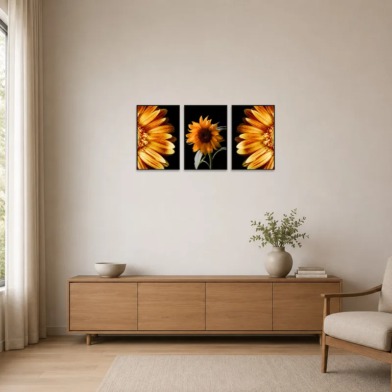 Golden floral triptych displayed on a minimalist wall, enhancing simplicity with elegance.