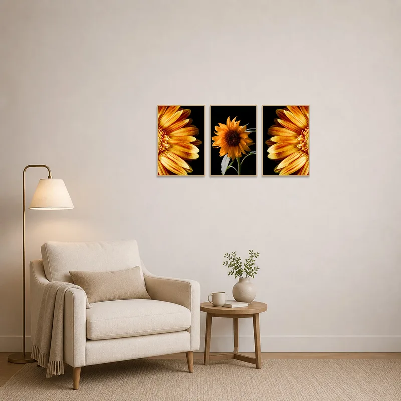 Calming golden floral triptych embellishing a serene reading corner.