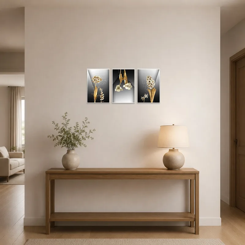 Elegant floral panels gracing an entrance hall with a console table and a small rug.