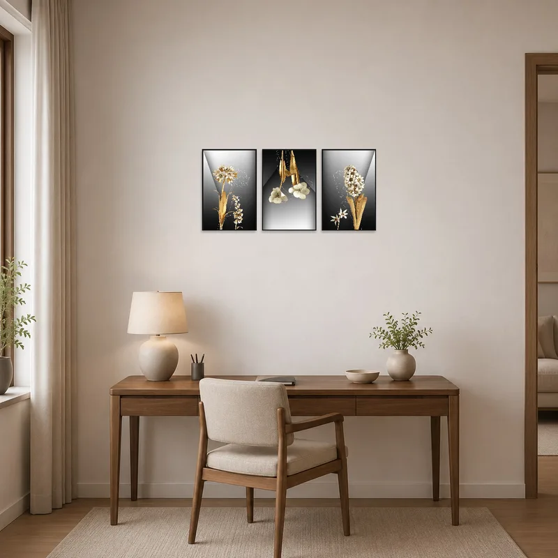 Elegant triptych set adding a touch of nature in a home office with a tidy desk setup.