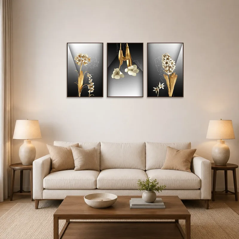 Three-panel floral art in a living room with a cozy beige sofa and soft lighting.
