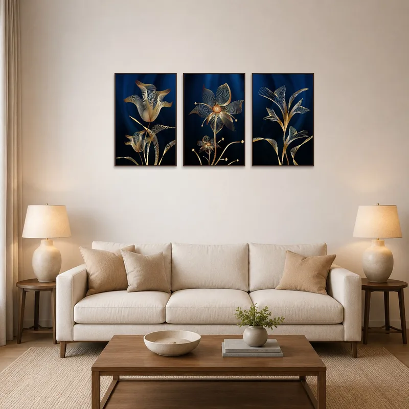 Golden floral triptych enhancing a living room with vibrant cushions and a cozy seating arrangement.