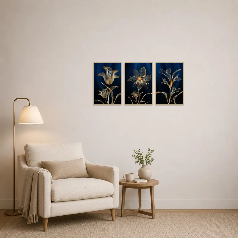 Golden floral set infusing a reading corner with a comfy armchair, side table, and ambient lighting.