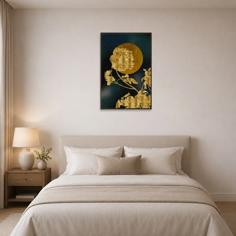 Bedroom wall displays golden floral piece with serene celestial details.