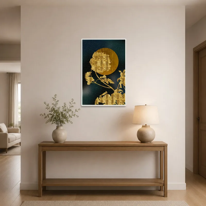 Entrance hall brightened by elegant golden floral art with celestial elements.