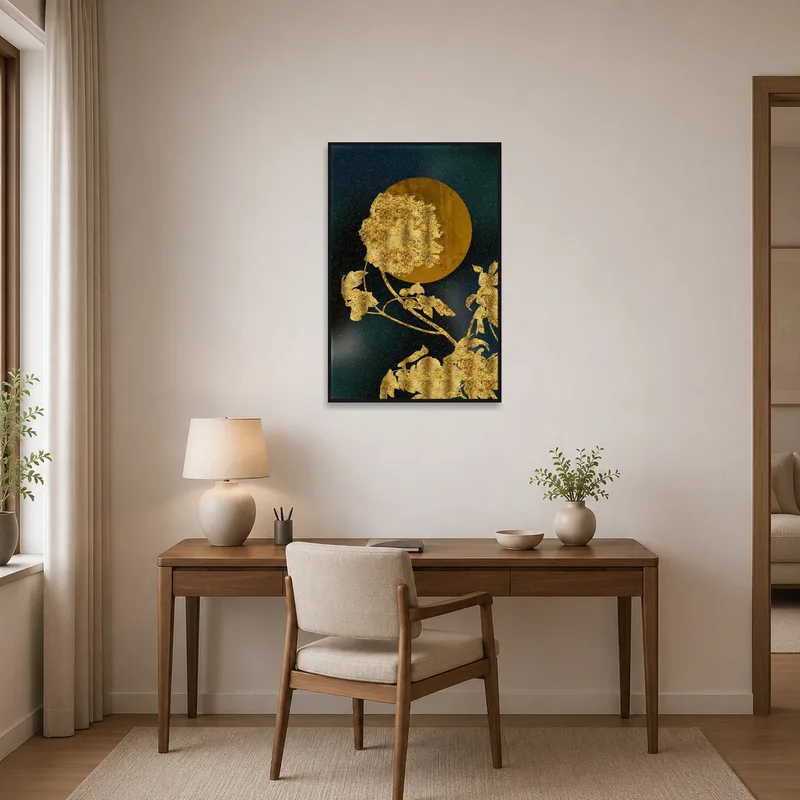 Home office features a sophisticated golden floral design with celestial flair.
