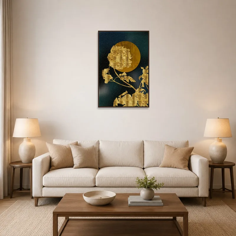 Golden floral piece adorns a living room wall with celestial accentuation.
