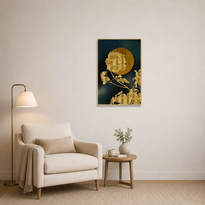 Reading corner enhanced by celestial-accented golden floral elegance.