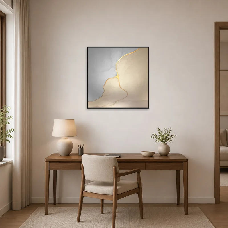 Golden flow abstract piece inspiring a home office with modern desk setup.