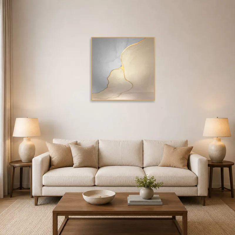Abstract art print with gold motifs on living room wall above a cozy sofa.