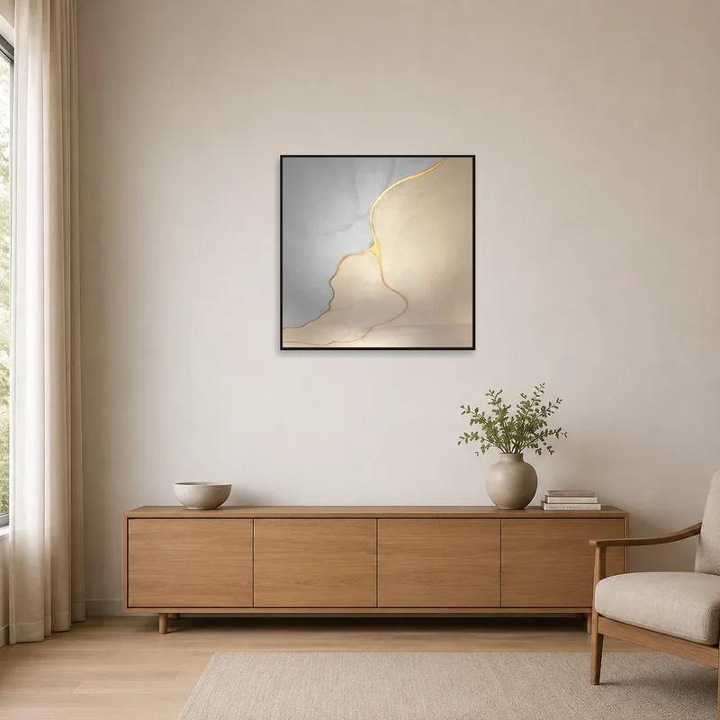 Golden flow art print adorning a minimalist room with sleek furniture.