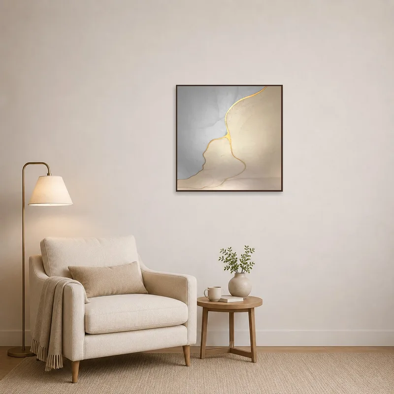 Golden abstract artwork brightening a reading corner with a comfy chair.