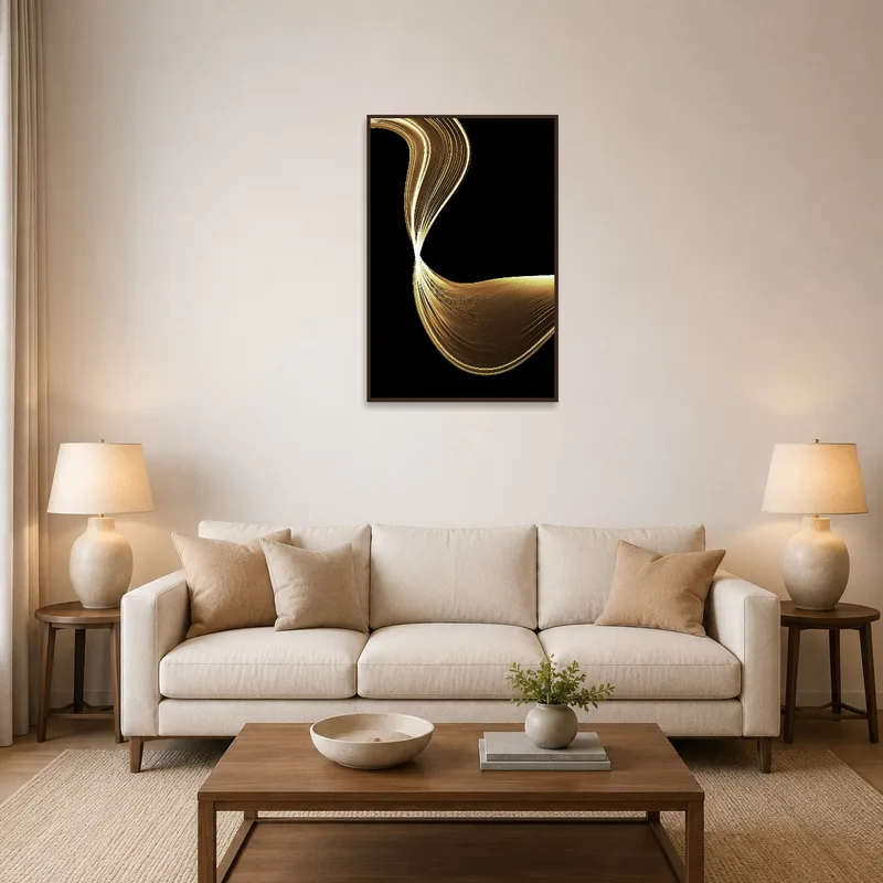 Golden abstract artwork adds elegance above a modern sofa.