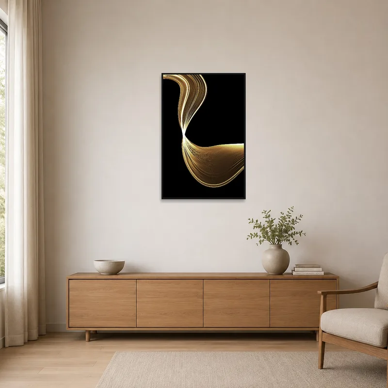 Golden swirl art brings a touch of luxury to a minimalist space.