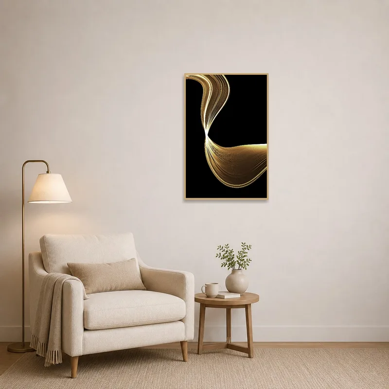 The abstract piece enhances the reading nook's quiet charm.