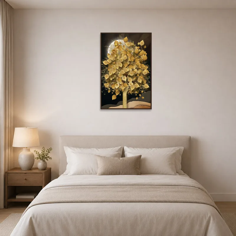 Bedroom wall showcasing art with golden leaves under a glowing moon.