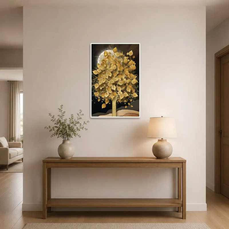Entrance hall featuring wall art of shimmering golden leaves under a moonlit sky.