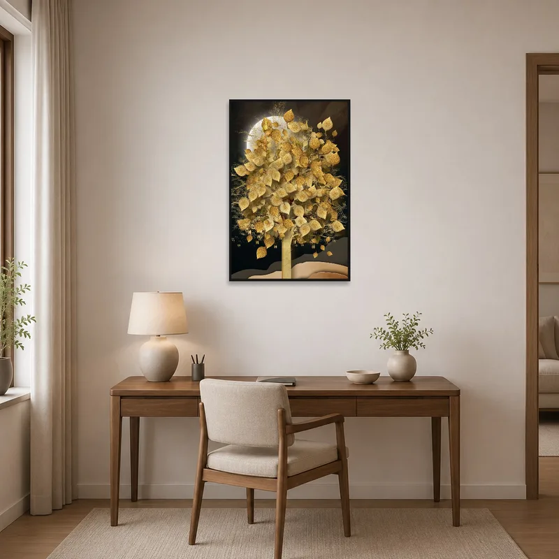 Home office displaying wall art of golden foliage shimmering in moonlight.